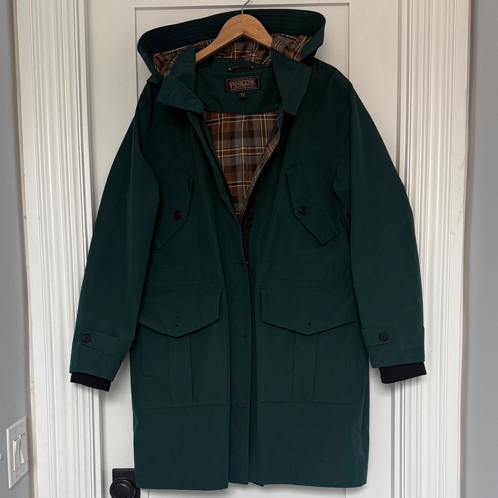 Pendleton Dark Green Hooded Trench Coat with Plaid Lining